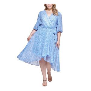 DKNY Womens Blue Tie Belt Lined Blouson Sleeve Midi Faux Wrap Dress Plus 14W